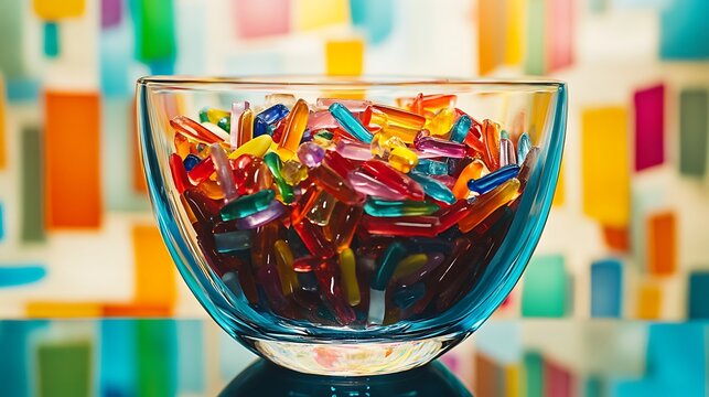 Colorful candies fill a glass bowl, creating a vibrant and playful dessert scene on a tabletop.