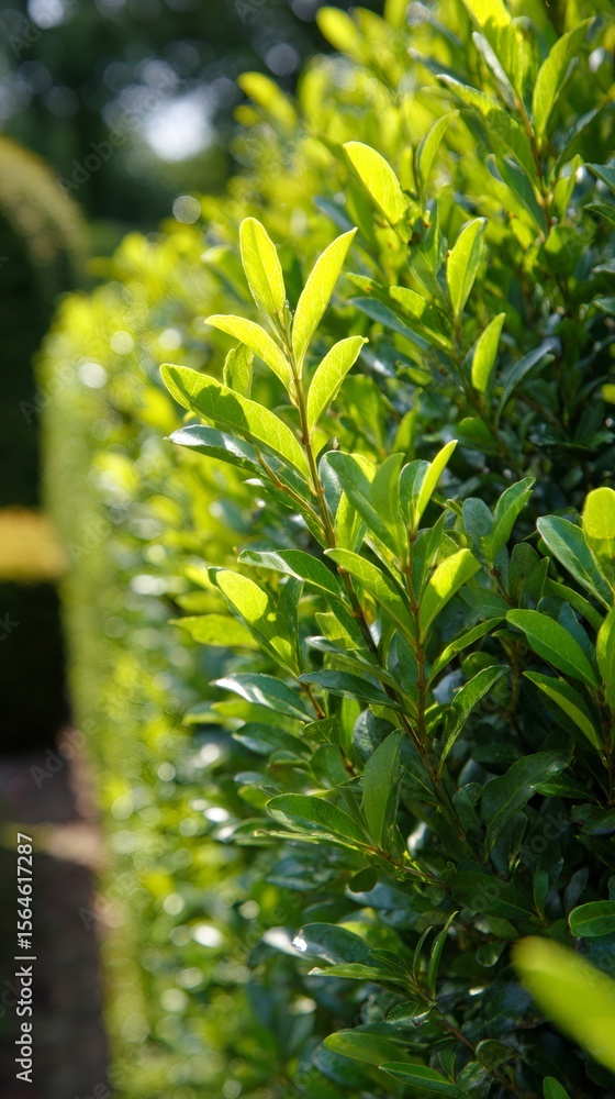 Poster close up of a backlit privet branch in a formal hedge setting, creating a vibrant green backdrop in 