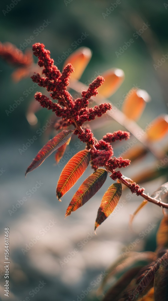 Poster close up view of sumac branch displaying vivid red leaves and delicate blossoms nestled within verda