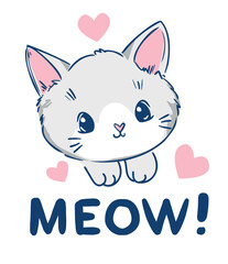 Hand Drawn Cat Meow cute cartoon cat vector illustration for kids print