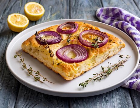 Italian focaccia with red onions and thyme on a ceramic white plate on gray wooden table. Generated image