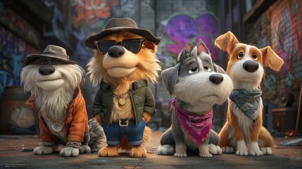 Obraz premium Canine Squad in Street Style: A dynamic quartet of anthropomorphic dogs, each exuding a distinct personality, stand against a vibrant graffiti backdrop, capturing urban attitude