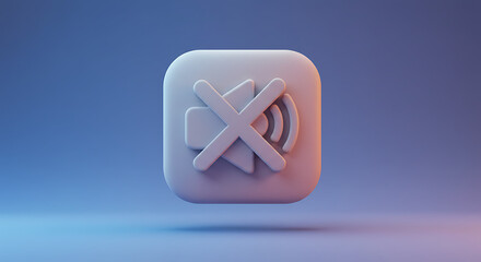 Fototapeta premium A stylized mute notification symbol with a soft, rendered aesthetic stands out against a gradient blue backdrop, symbolizing silence, audio control, or call blocking, perfect for user interfaces.