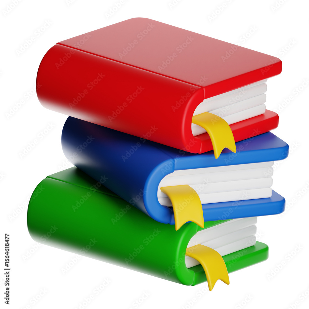 Poster stack of colorful books with bookmarks on transparent background