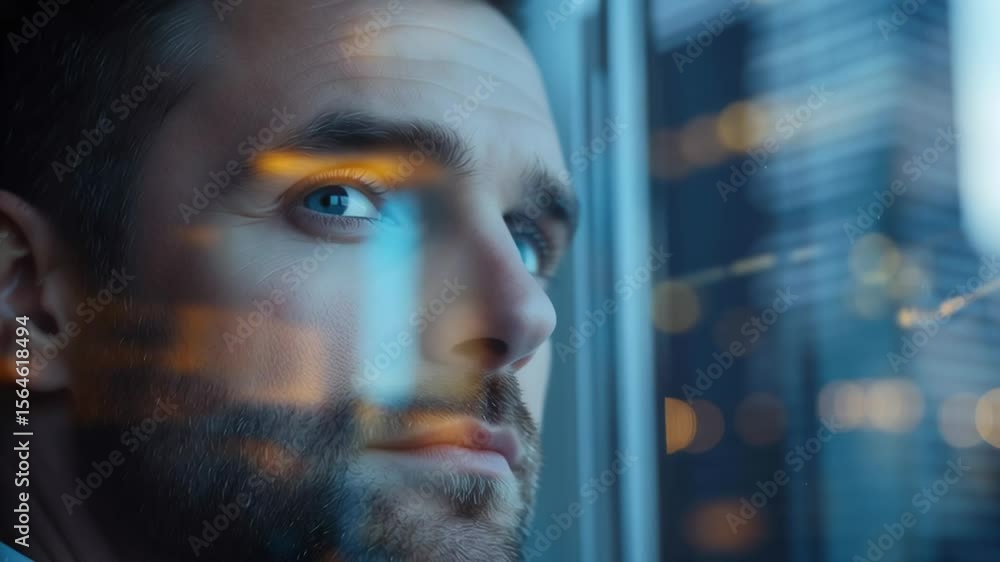 Aufkleber a man with a beard looking out a window. the man is looking out the window and he is looking at some