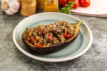 Baked eggplant stuffed meat and tomato