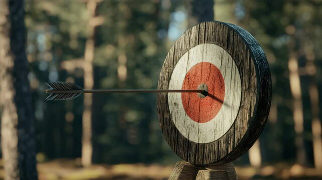 Arrow target bullseye wood archery forest focus accuracy aim sport precision success achievement hitting wooden target center symbolizing practice outdoors calm determined atmosphere blurred trees