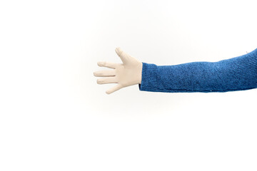 Hand in surgical glove isolated on white background, blue knitted sleeve for protection