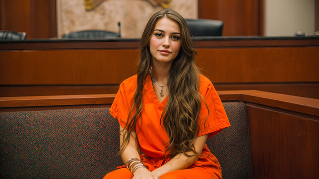a woman in an orange jumpsuit sits in a courtroom setting. The woman has long brown hair and is wearing jewelry. She is sitting in a wooden booth and appears to be waiting