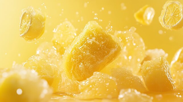 Freshness bursts with juicy mango chunks against a vibrant yellow background