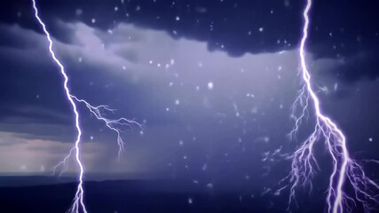Multiple purple lightning strikes illuminate a dark stormy sky with falling snow - Powered by Adobe