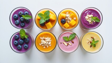 Colorful fruit smoothies with fresh toppings blueberry