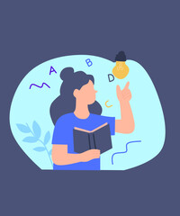 A young woman sitting and reading a book with a peaceful expression. Flat design illustration, perfect for education, lifestyle, reading habits, and relaxation concepts.