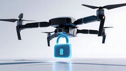 Drone in the Ear with cybersecurity lock and key