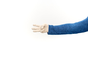 Hand in latex glove gesturing number three against a white background for safety demonstration