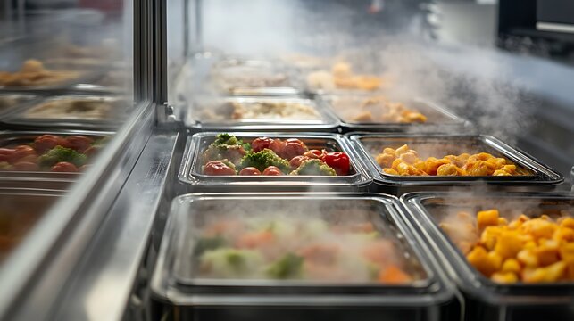 Delicious hot foods displayed in serving buffet, tempting fresh cuisine