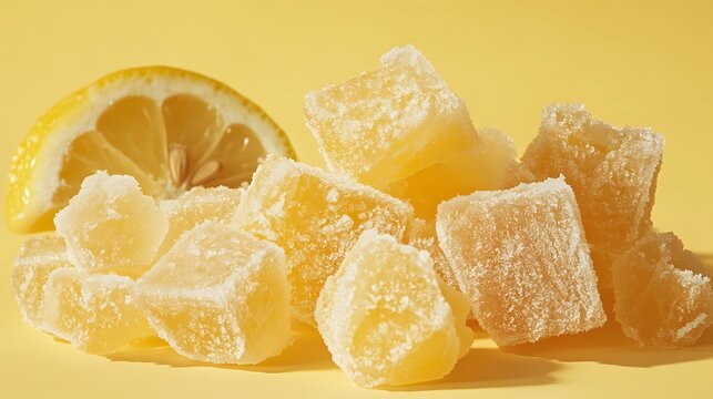 Candied ginger pieces are paired with a half lemon on a yellow surface creating a citrusy snack.