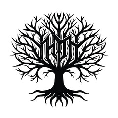 Obraz premium Bare tree with roots and gothic text silhouette vector illustration