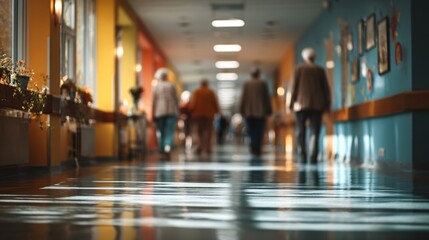 Fototapeta premium Vivid Photograph of a Colorful Clinic Hallway with People Walking
