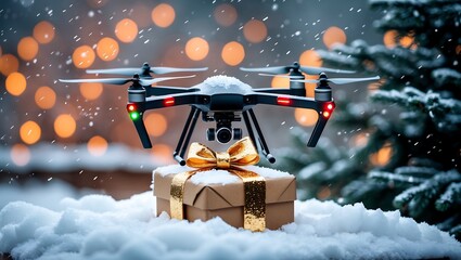 Drone with gift in snow christmas lights