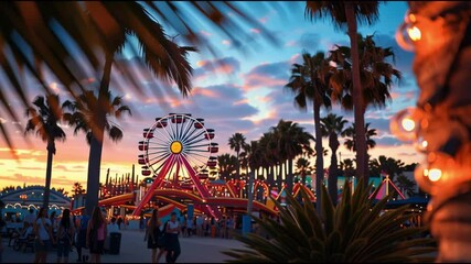 Colorful sunset at a coastal carnival with palm trees and vibrant attractions