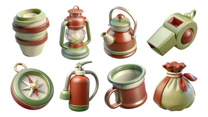 camping 3D icon set Assorted vintage camping gear and accessories
