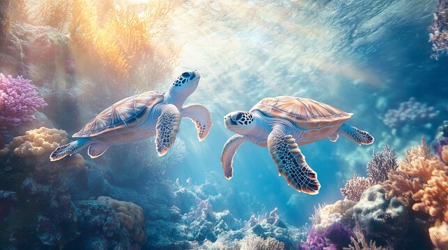 Two sea turtles swim gracefully in a vibrant coral reef ecosystem under the ocean surface light filled