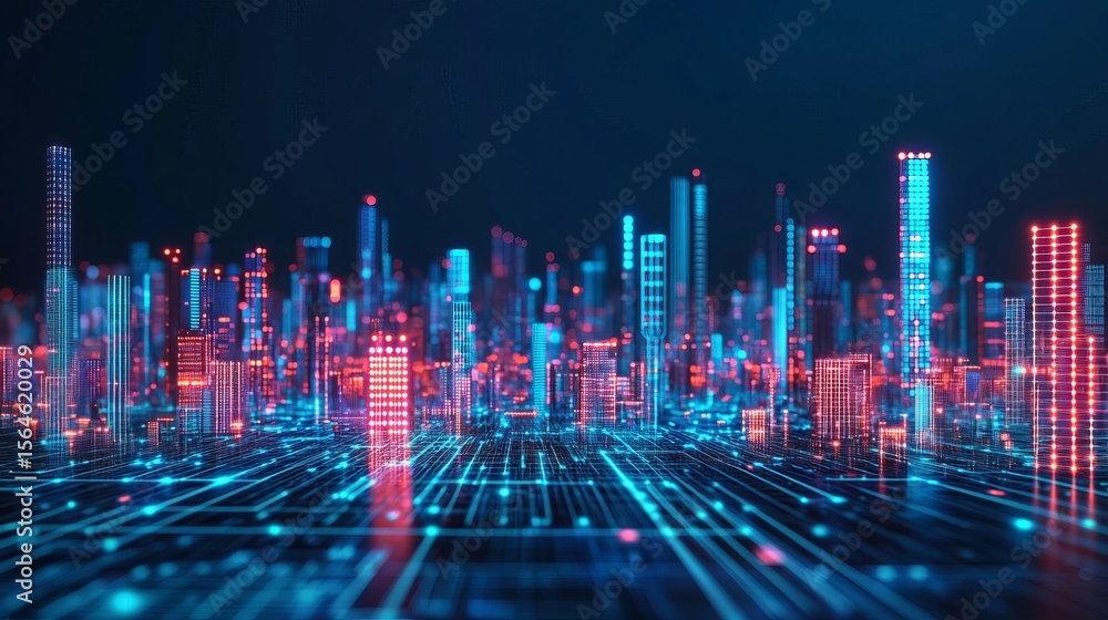 Poster a futuristic cityscape with glowing buildings and interconnected network lines creating a digital la