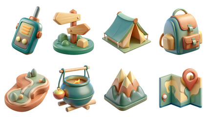 camping 3D icon set Camping equipment and outdoor adventure icons in a colorful design.