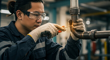 Man plumber in protect eyeglasses repair pipe. Maintenance and repair service in plumbing. Wrench fix to leaking pipes