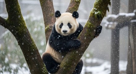 Giant panda climbs mossy tree trunk in snow