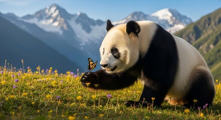 Giant panda and butterfly in wildflower field