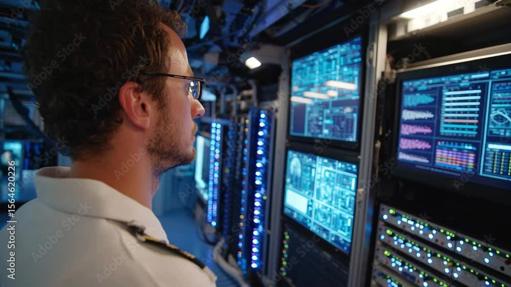 Poster ship officer monitors navigation system on the bridge console, with multiple screens displaying cruc