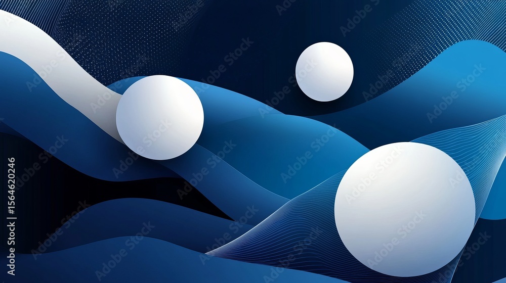 Poster abstract background with blue waves and white spheres creating a modern and elegant design look