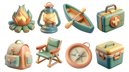 camping 3D icon set Camping gear illustrated in a playful, colorful style.