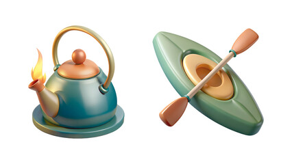 camping 3D icon set Teapot with flame and paddle for a kayak.