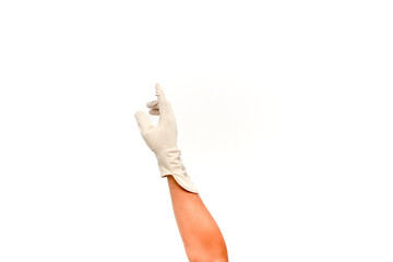 Hand in a Cream-Colored Glove Pointing Upward on a White Background, ideal for stock photography