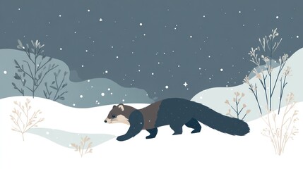 Winter scene with a badger in snowy landscape