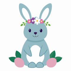 Cute blue bunny wearing a floral crown with pink easter eggs