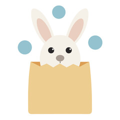Cute white bunny rabbit peeking out of a paper bag juggling blue circles