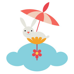 Cute cartoon bunny holding an umbrella while sitting on a flower above a cloud