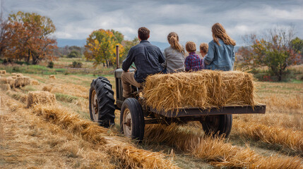 Obraz premium A family enjoying a tractor ride through a harvested field, the perfect autumn day activity