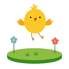 Cute cartoon yellow chick jumping in a green field with flowers