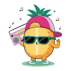 Cool And Cute Colorful Pineapple Fruit Cartoon Character Illustration Enjoying Music On The Radio