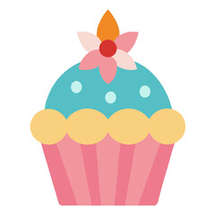 Cute cartoon cupcake with pink frosting and a flower decoration