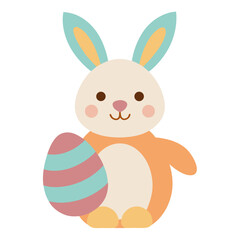 Cute cartoon bunny rabbit holding a pastel striped easter egg