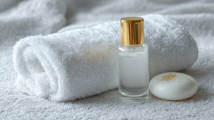  White and gold capped skincare bottle with soap and towels for luxury clean beauty morning routine and wellness skincare branding