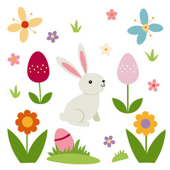 Cute easter bunny with colorful decorated eggs and flowers in a spring meadow