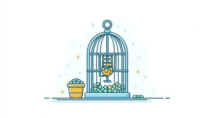 Fototapeta premium Simple birdcage illustration with a small potted plant