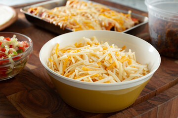 A view of dairy-free shredded cheese in a bowl.